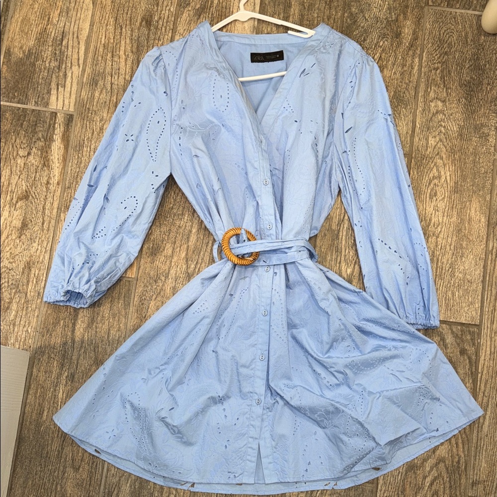 Zara pastel blue long sleeve belted dress